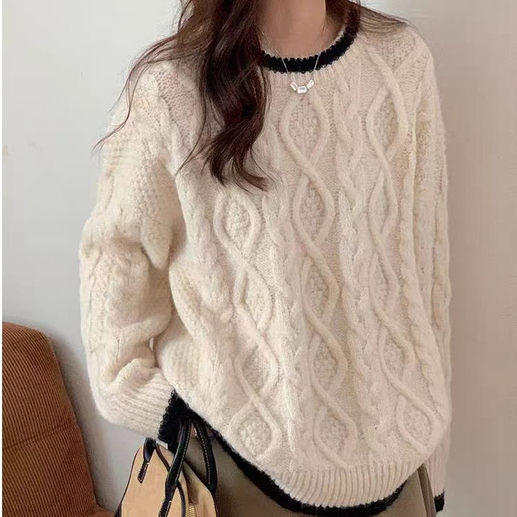 Damen Grobstrickpullover mit Zopfmuster und kontrastierendem Halsabschluss Drune