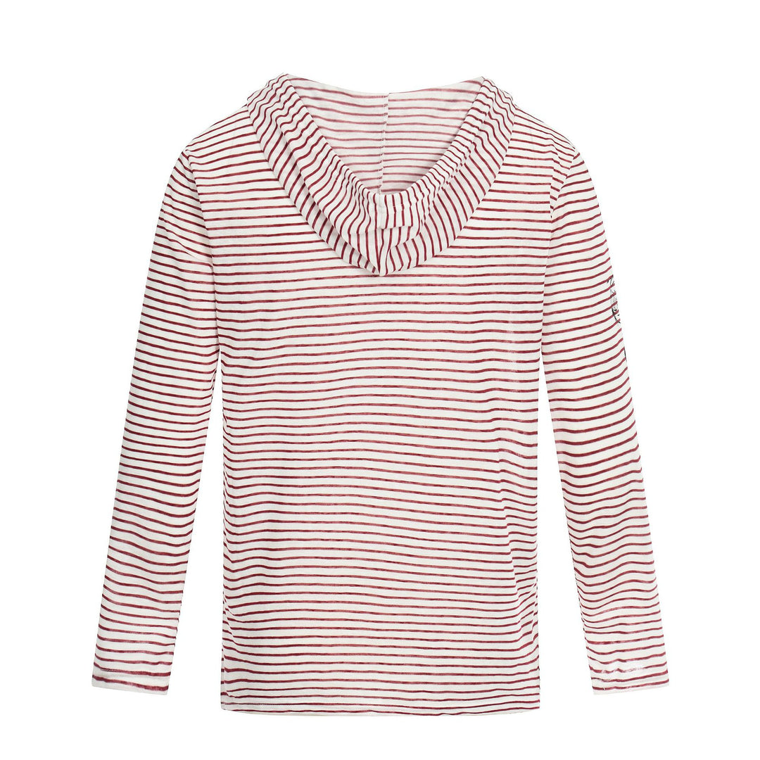 Damen Leichtes Kapuzen-Longsleeve mit V-Ausschnitt, Streifenmuster und Vintage-Print Drune