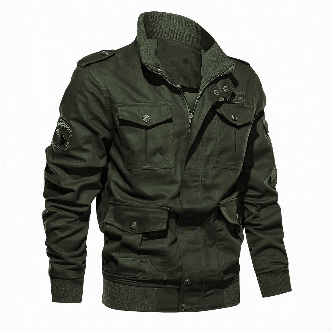 Herren Fieldjacke im Military-Stil mit Mehrfach-Taschen und Strickkragen Drune