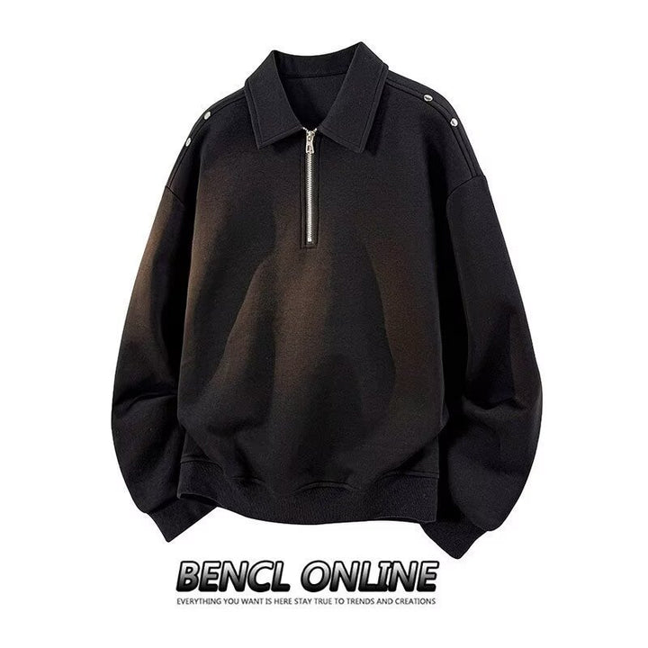 Herren Oversized Sweatshirt mit Reißverschluss-Kragen und Druckknopf-Schulterdetail Drune