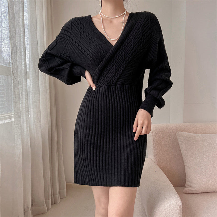 Damen Strickkleid mit v-förmigem Ausschnitt und Rippstruktur Drune