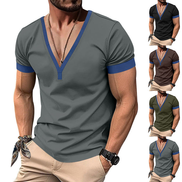 Herren V-Ausschnitt T-Shirt mit kontrastierenden Ärmeln und atmungsaktiver Baumwolle Drune