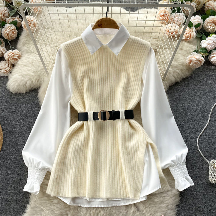 Damen Lagenlook-Bluse mit Rippstrick-Überwurf und Taillengürtel Drune