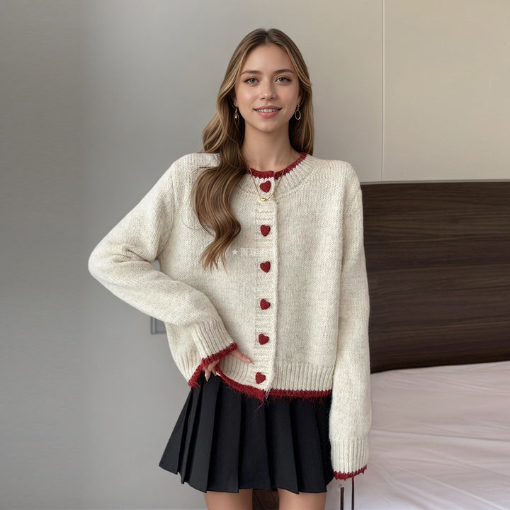 Damen Gemütlicher Strickcardigan mit Herzknöpfen Drune