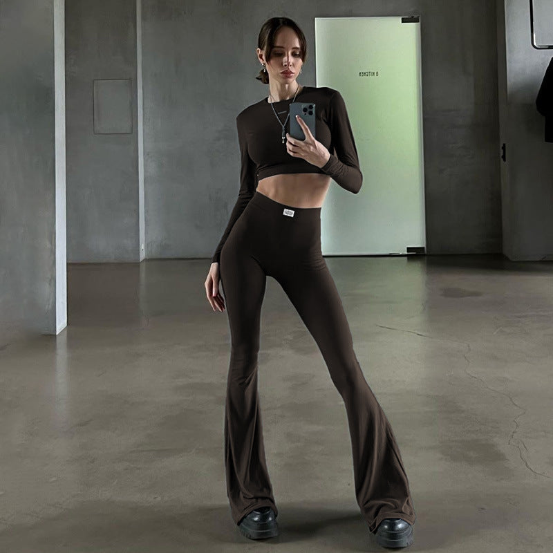 Damen Langarm Cropped Top und Flared Pants Set Drune