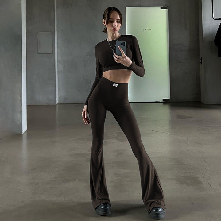 Damen Langarm Cropped Top und Flared Pants Set Drune