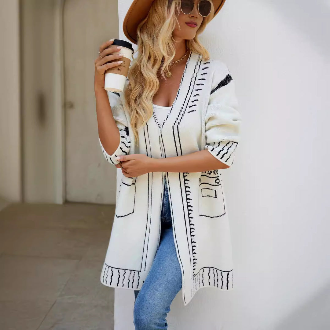 Damen lässiger Strickcardigan mit einzigartigem Muster und tiefem V-Ausschnitt Drune