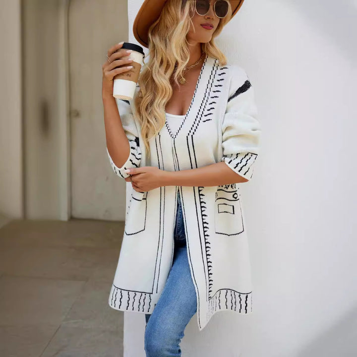 Damen lässiger Strickcardigan mit einzigartigem Muster und tiefem V-Ausschnitt Drune