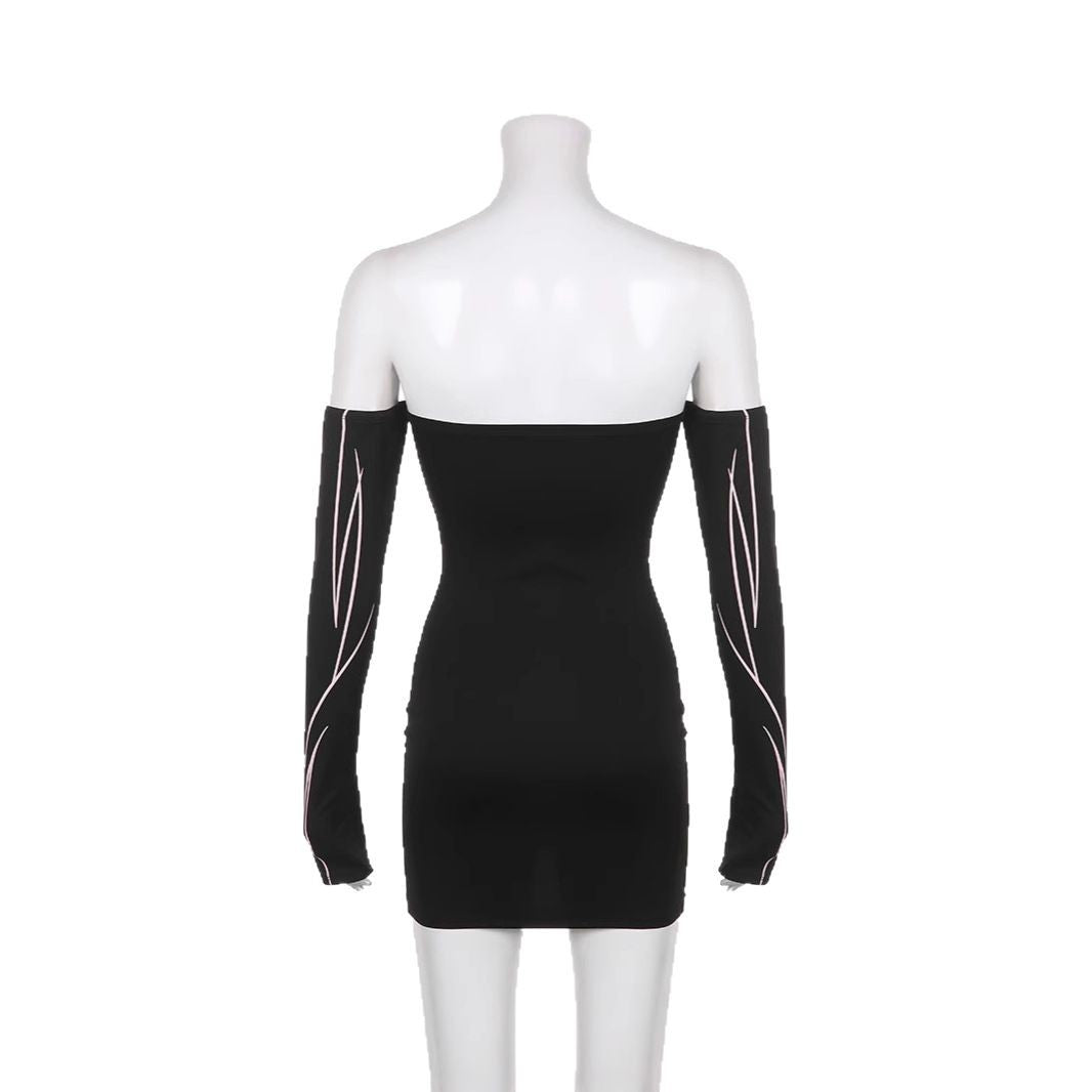 Damen elegantes Off-Shoulder Kleid mit langen Ärmeln Drune