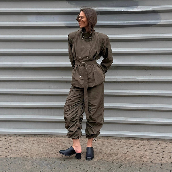Damen modische Utility-Jacke mit Taillengürtel und trendy Knopfdetails Drune