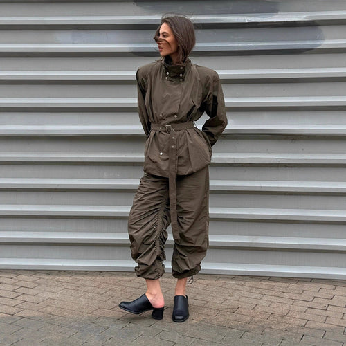 Damen modische Utility-Jacke mit Taillengürtel und trendy Knopfdetails Drune