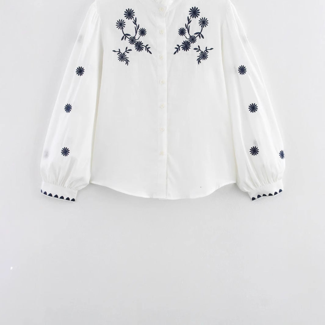 Damen nan bestickte Bluse mit Volumenärmeln und Rüschenstehkragen Drune