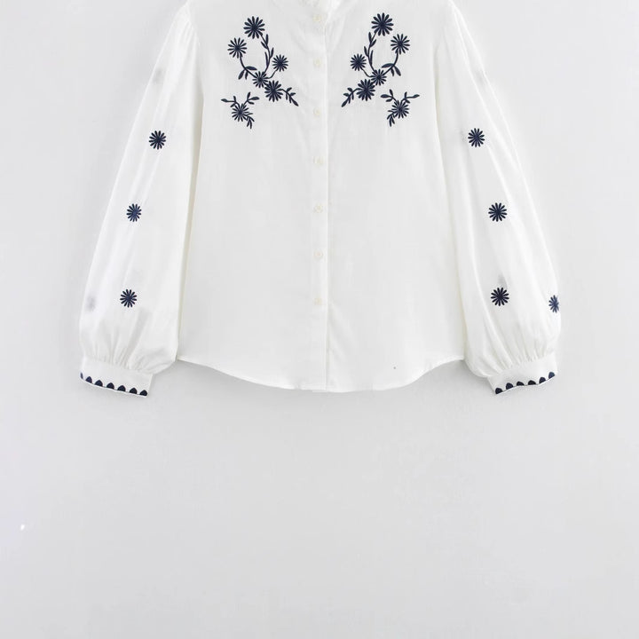 Damen nan bestickte Bluse mit Volumenärmeln und Rüschenstehkragen Drune
