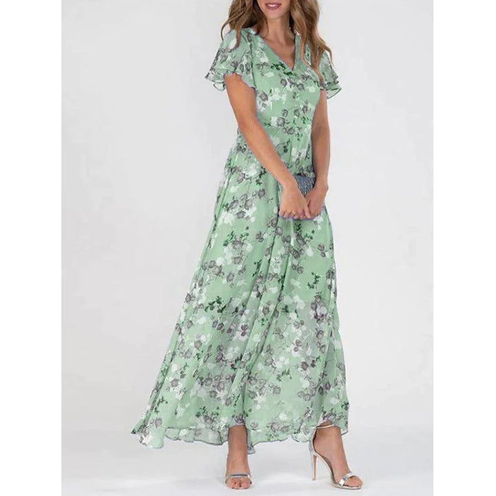 Damen Maxikleid mit floralem Chiffon-Stoff und transparenten Ärmeln Drune