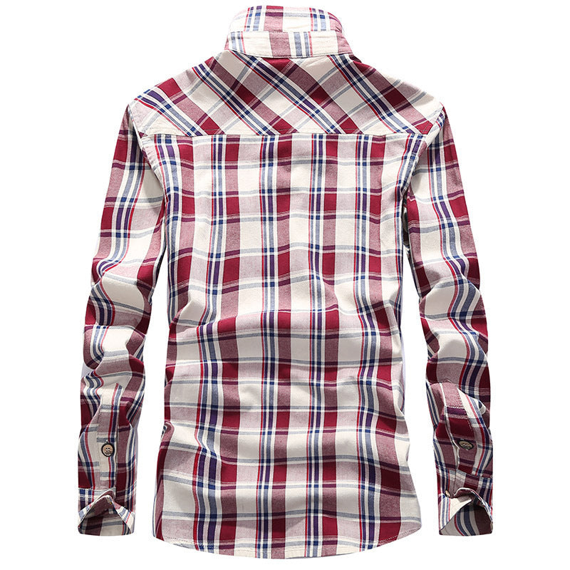 Herren Karierte Baumwoll-Flanell-Hemdjacke mit Brustpattentaschen und Hemdkragen Drune