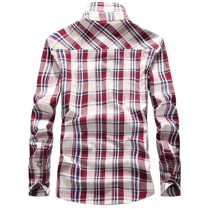 Herren Karierte Baumwoll-Flanell-Hemdjacke mit Brustpattentaschen und Hemdkragen Drune