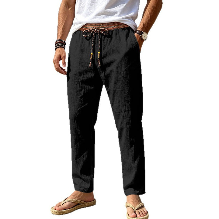 Herren Leinenoptik Freizeithose mit besticktem Kordelbund und Kordelzug Drune