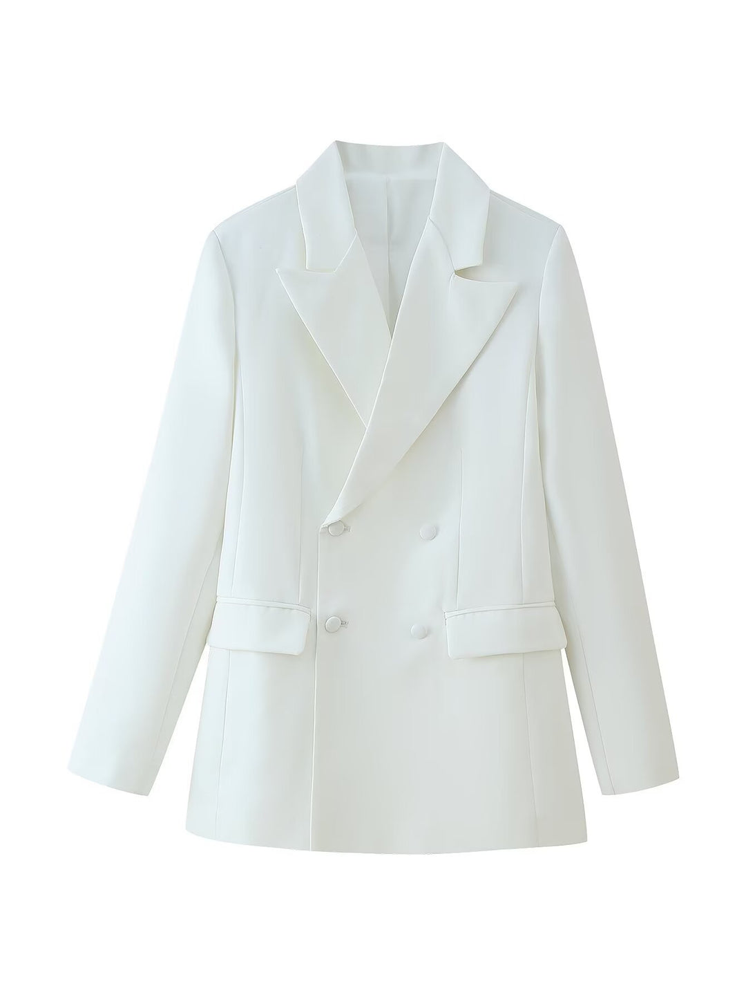Damen 50+ taillierter Doppelreiher‑Longblazer mit oversized Revers und Pattentaschen Drune