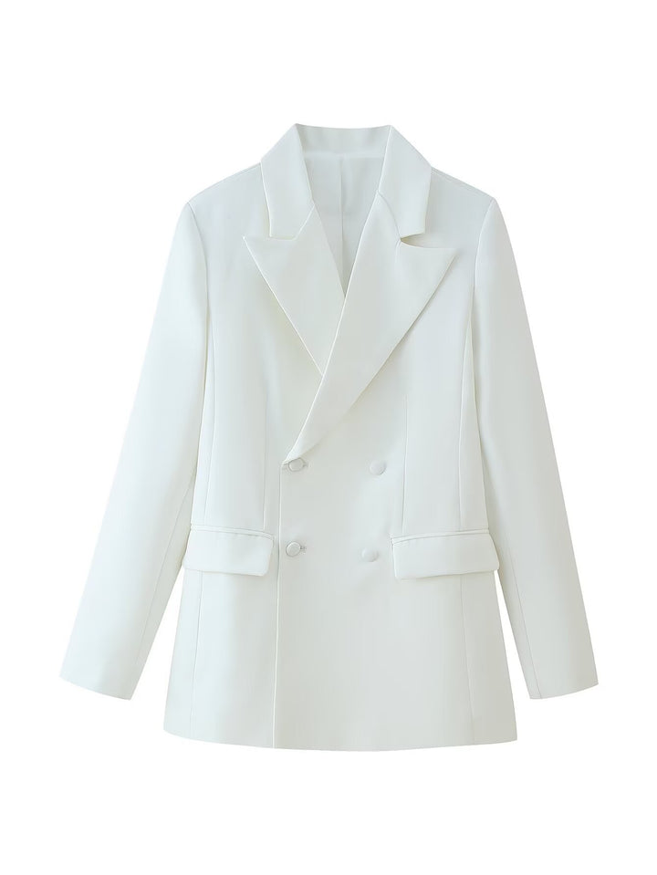Damen 50+ taillierter Doppelreiher‑Longblazer mit oversized Revers und Pattentaschen Drune
