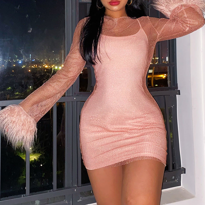 Damen Glitzerndes Minikleid mit schimmernden Pailletten und glamourösen Federärmeln Drune