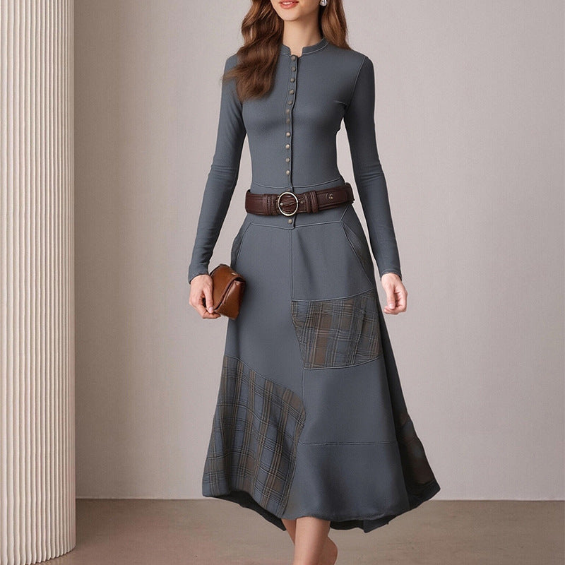 Damen Elegantes Midi-Kleid mit Knopfleiste und Kontrastdetails Drune