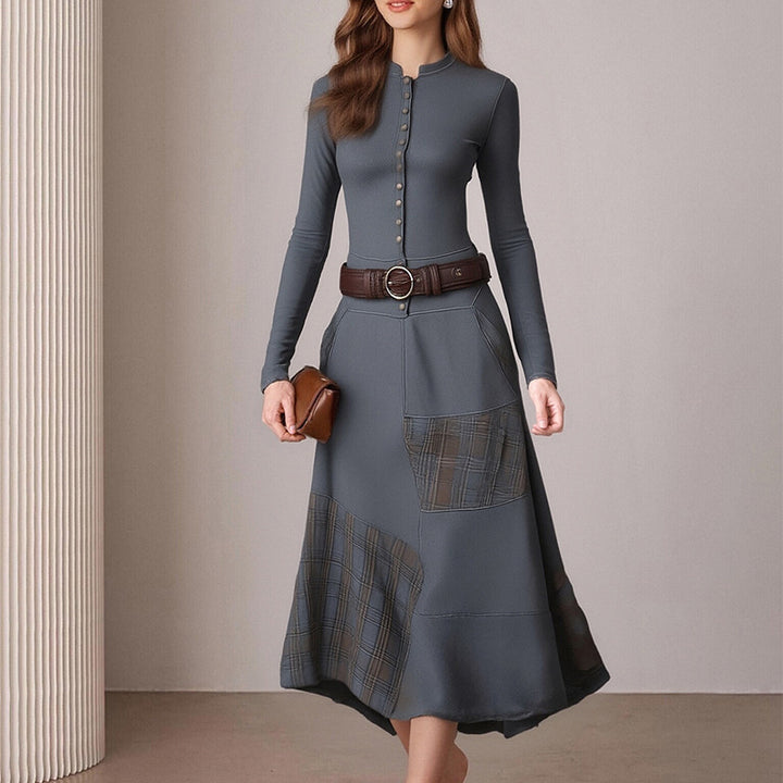 Damen Elegantes Midi-Kleid mit Knopfleiste und Kontrastdetails Drune