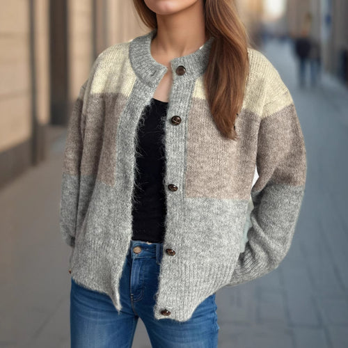 Damen kuschelige Strickjacke mit modischem Farbblockdesign und dekorativen Knöpfen Drune