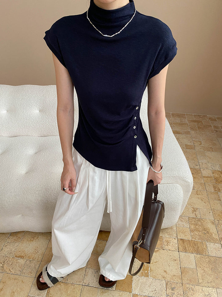 Damen elegantes Oberteil mit dekorativer Knopfleiste und schickem Gerafften Detail Drune