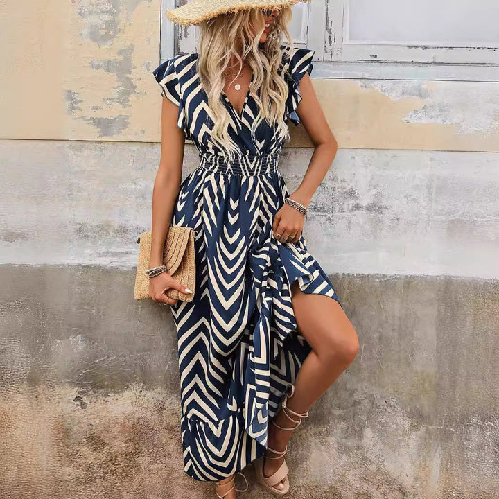Damen Maxikleid mit V-Ausschnitt und Rüschendetails Drune