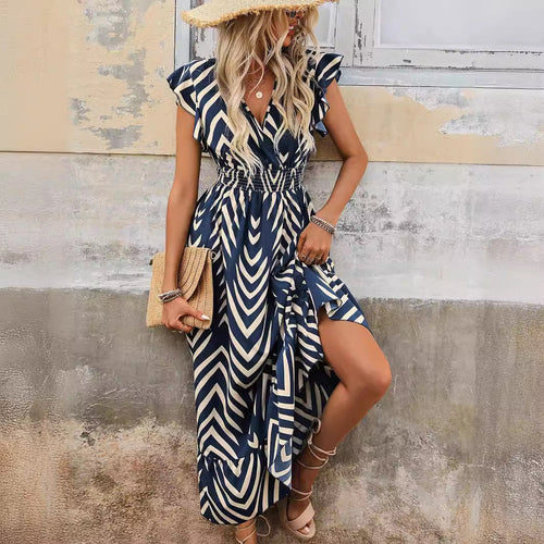 Damen Maxikleid mit V-Ausschnitt und Rüschendetails Drune
