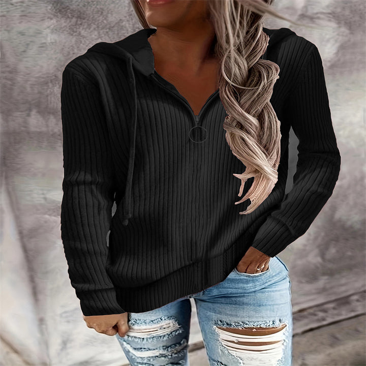Damen Lässiger Rippstrick-Hoodie mit halbhohem Reißverschluss und Ringzipper Drune