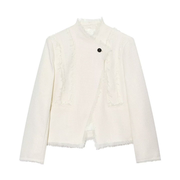 Damen Bouclé-Shortjacke mit Fransenbesatz und asymmetrischem Ein-Knopf-Verschluss Drune