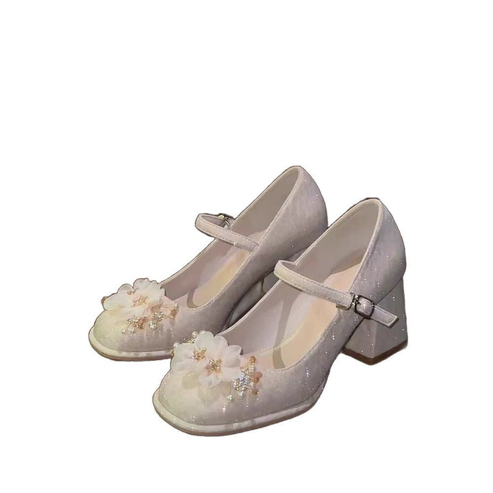 Damen zarte Mary Jane Pumps mit luftiger Blumenverzierung Drune