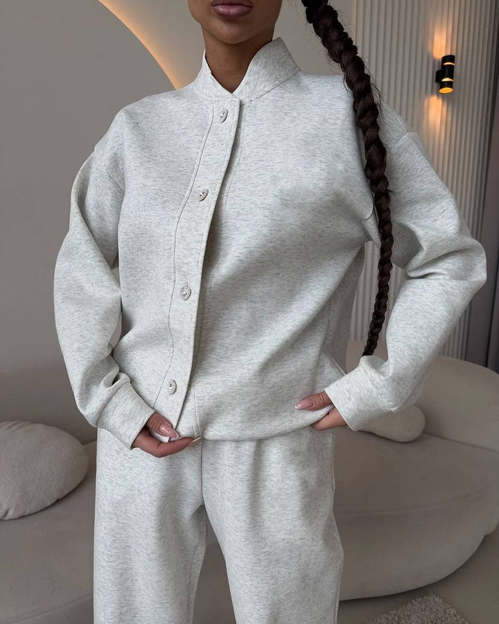 Damen Zweiteiliges Loungewear-Set mit Stehkragen, dekorativen Schmuckknöpfen und weitem Palazzo-Hosenbein Drune