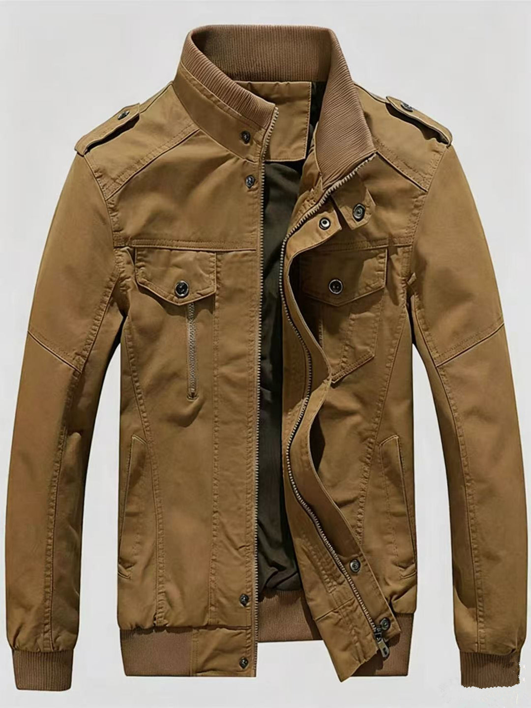 Herren Militärisch inspirierte Canvas-Übergangsjacke mit Stehkragen und Epauletten Drune