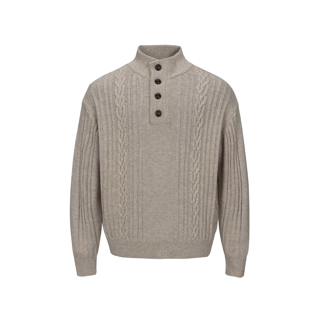 Herren Grobstrukturierter Strickpullover mit Stehkragen und Knopfleiste Drune
