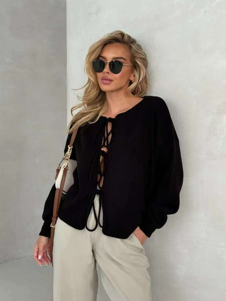 Damen lässiger Strickpullover mit dekorativer Schnürung und weitem Schnitt Drune