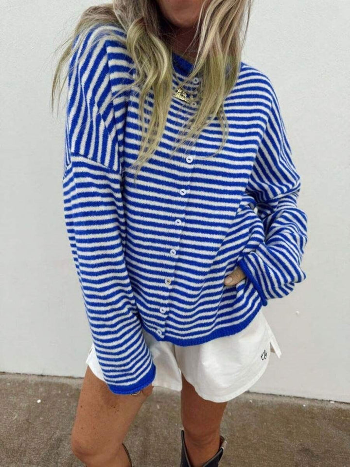 Damen Gestreifter Oversize Strickcardigan mit Knopfleiste und maritimem Look Drune