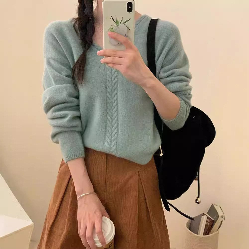 Damen Strickpullover mit V-Ausschnitt und Zopfmuster Drune