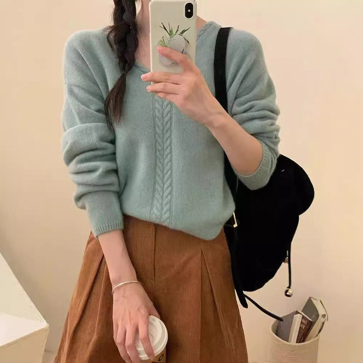 Damen Strickpullover mit V-Ausschnitt und Zopfmuster Drune