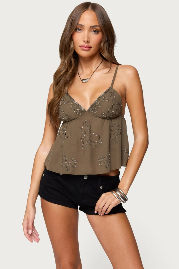 Damen Elegantes Spaghetti-Top mit schimmernden Verzierungen und lässigem Schnitt Drune