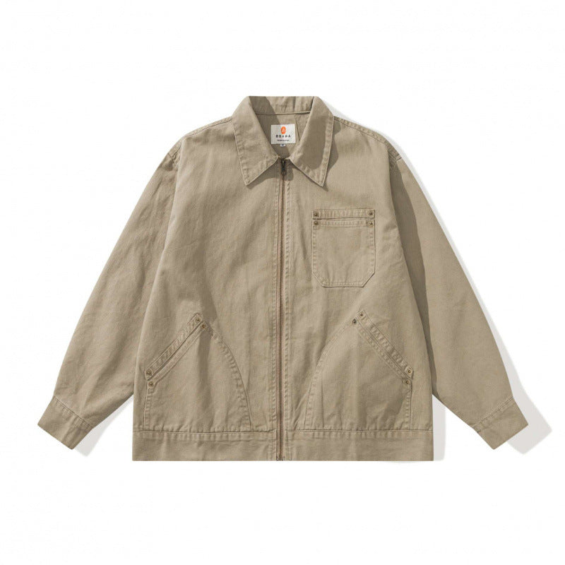 Unisex Kastenförmige Canvas-Worker-Jacke mit Frontreißverschluss und Nietapplikationen Drune