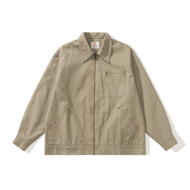 Unisex Kastenförmige Canvas-Worker-Jacke mit Frontreißverschluss und Nietapplikationen Drune