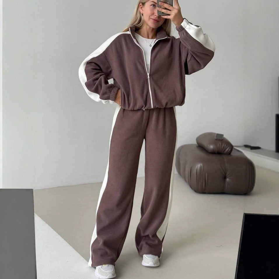 Damen sportlich-elegantes Fleece-Trainingsset mit kurzem Stehkragen-Zip, elastischem Bund und seitlichen Kontrastbahnen Drune