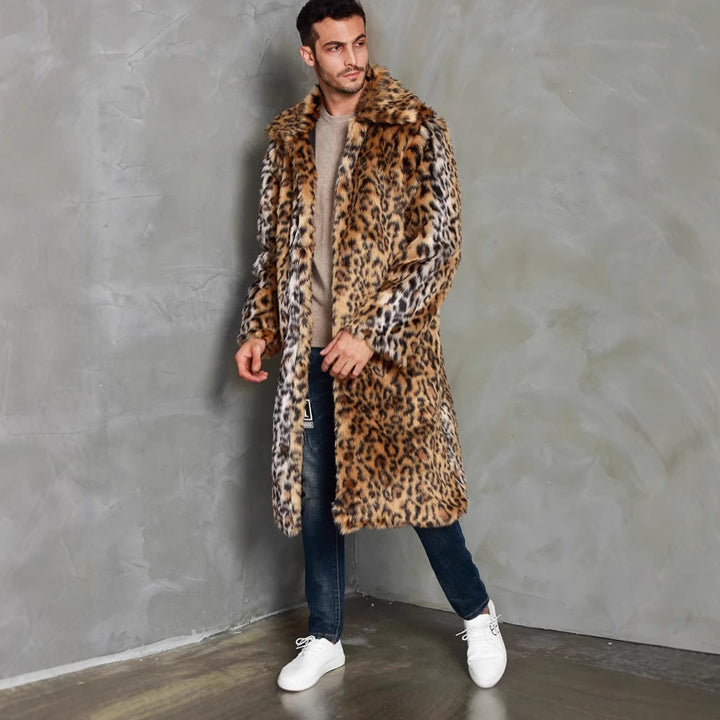Herren Eleganter Kunstfellmantel mit Leopardenmuster und breitem Kragen Drune