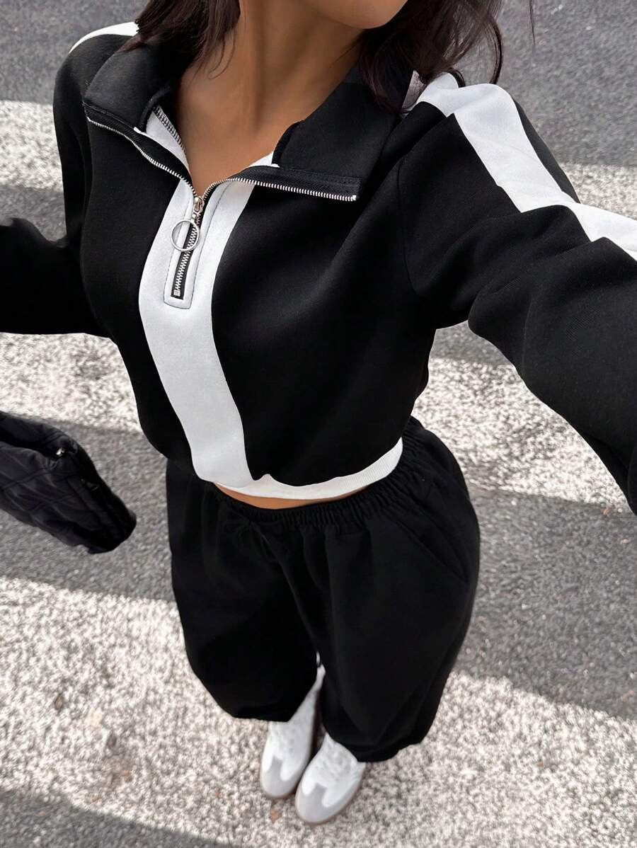 Damen kurzes Sweatshirt mit Halbreißverschluss und elastischer Bund Jogginghose Set Drune