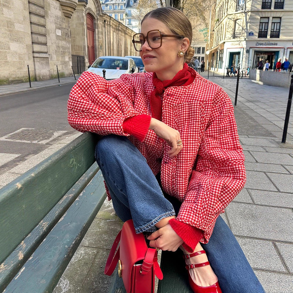 Damen Gepolsterte karierte Boxy-Steppjacke mit Knopfverschluss Drune