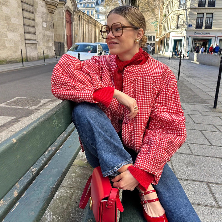 Damen Gepolsterte karierte Boxy-Steppjacke mit Knopfverschluss Drune