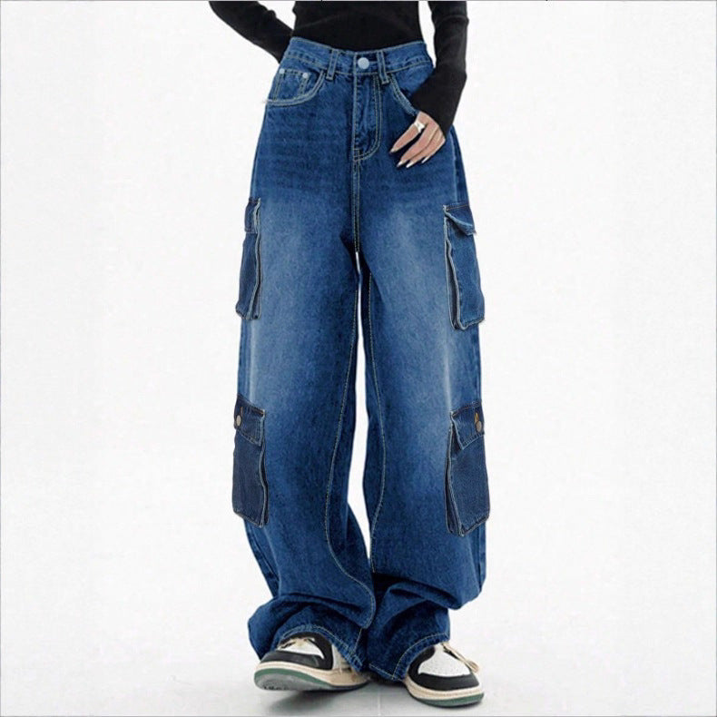 Damen Weite High-Waist Cargo-Jeans im Baggy-Schnitt mit Mehrfach-Taschen Drune