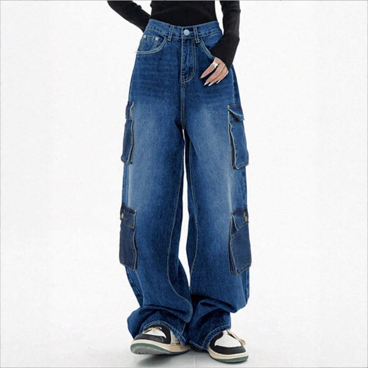 Damen Weite High-Waist Cargo-Jeans im Baggy-Schnitt mit Mehrfach-Taschen Drune